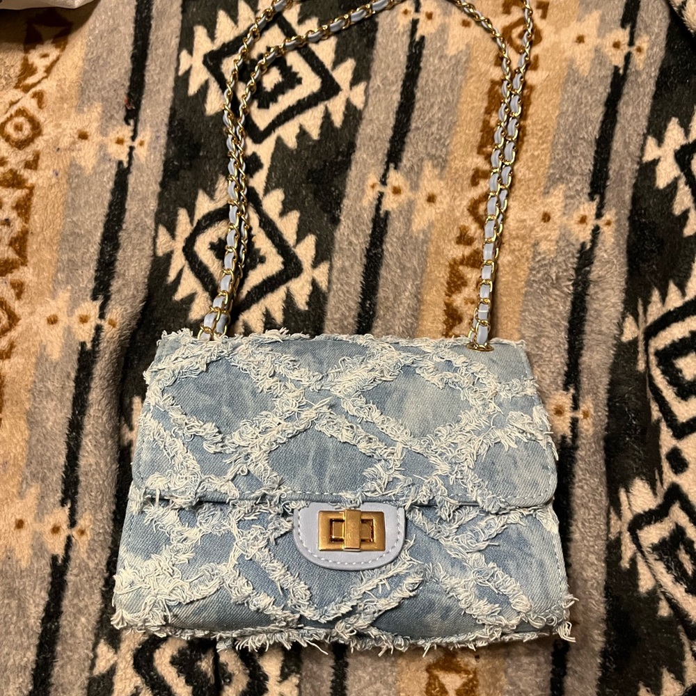Fashion Bag NWOT Stressed Raw Denim with Gold Chain